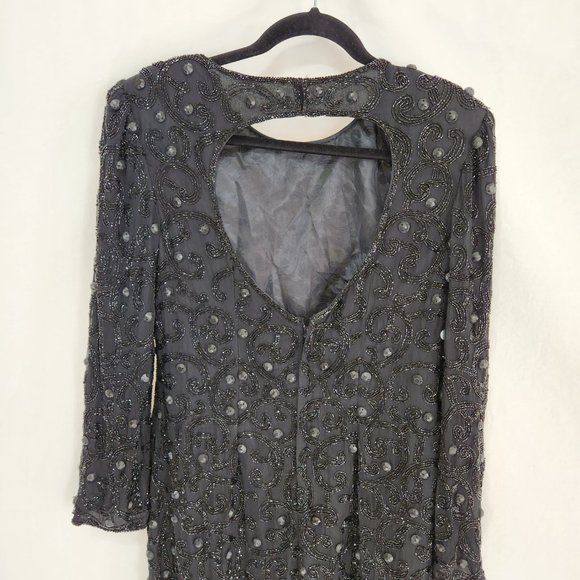 Vintage JOAN LESLIE Hollywood-Fairy-Tale Beaded Black Silk Sheath Dress Size 10. - Picture 7 of 16